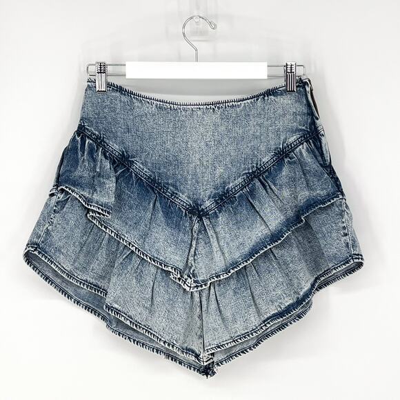 MOTHER The Ruffle Denim Mini Skirt Threading The Needle Blue Wash Size 27 - Picture 2 of 7